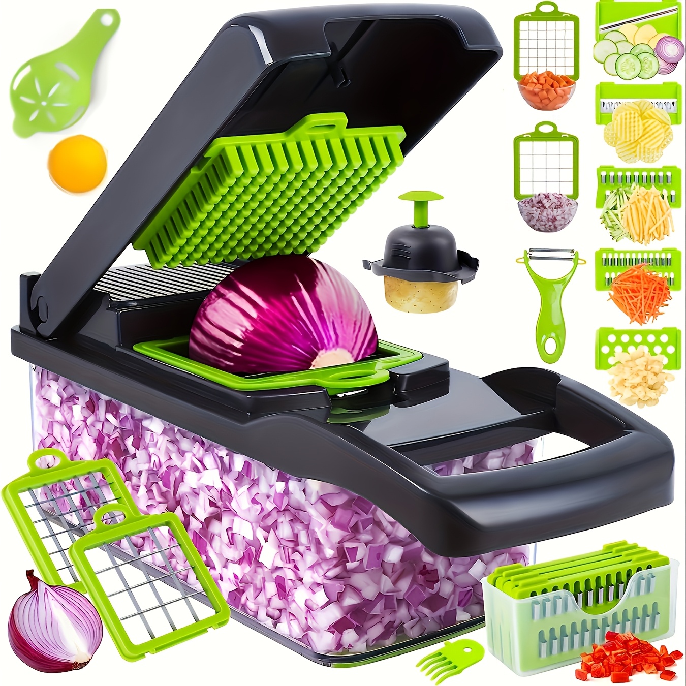 16-in-1 Manual Vegetable Chopper, Plastic Food Slicer Dicer with Drain Basket, Hand Protector, Uncharged Kitchen Gadget for Onions, Carrots, Garlic